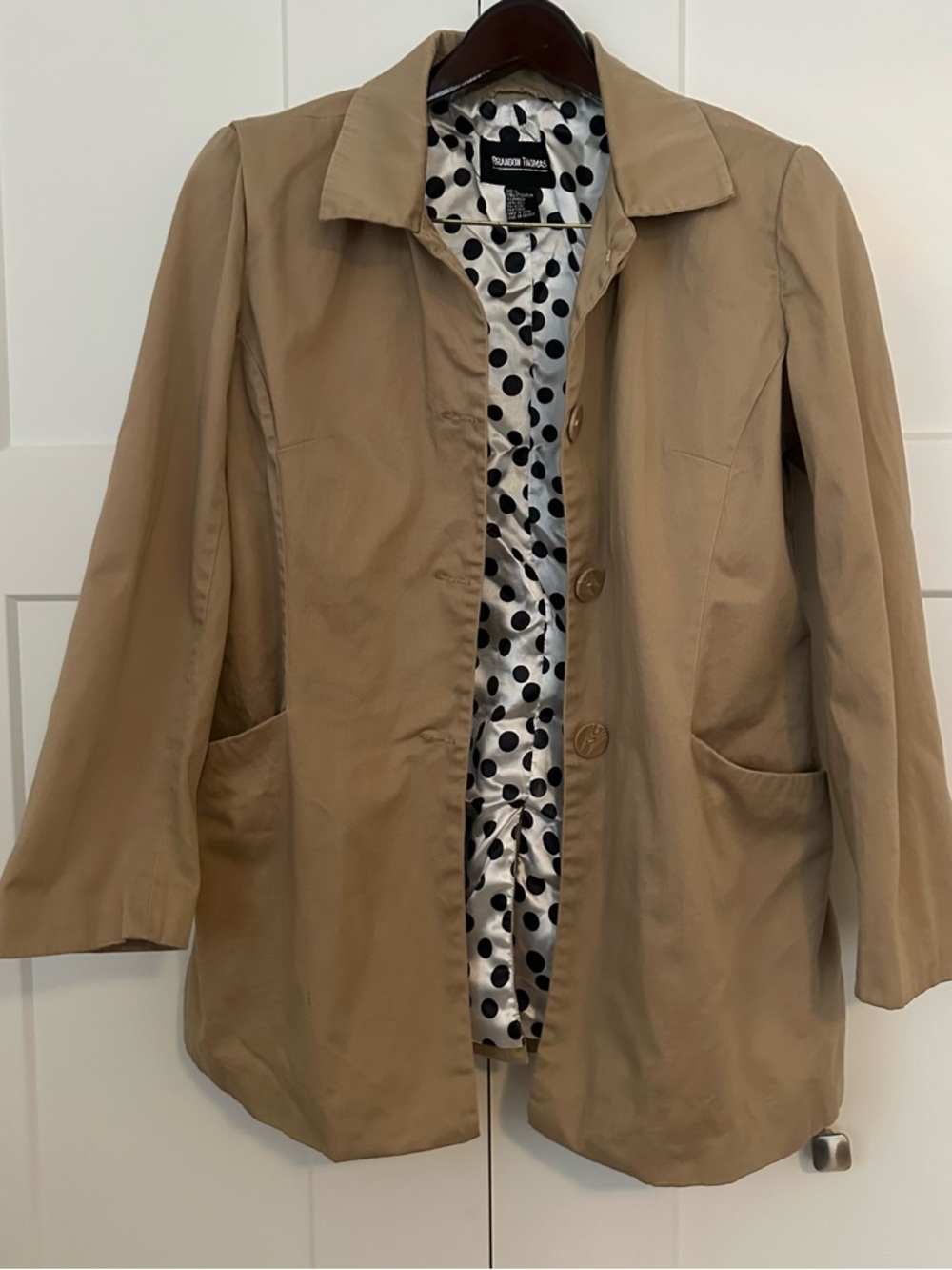 Brandon Thomas Tan Trench Coat with Polka‎ Dot Lining